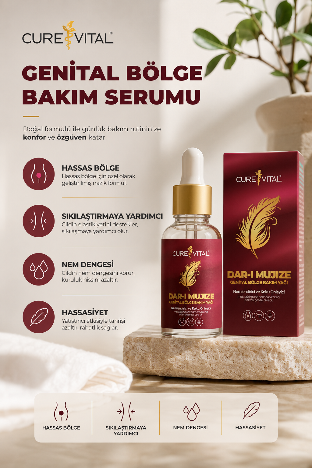 Curevital Dar-ı Mucize Genital Bölge Bakım Yağı – Nemlendirici ve Koku Önleyici Özel Bakım Yağı