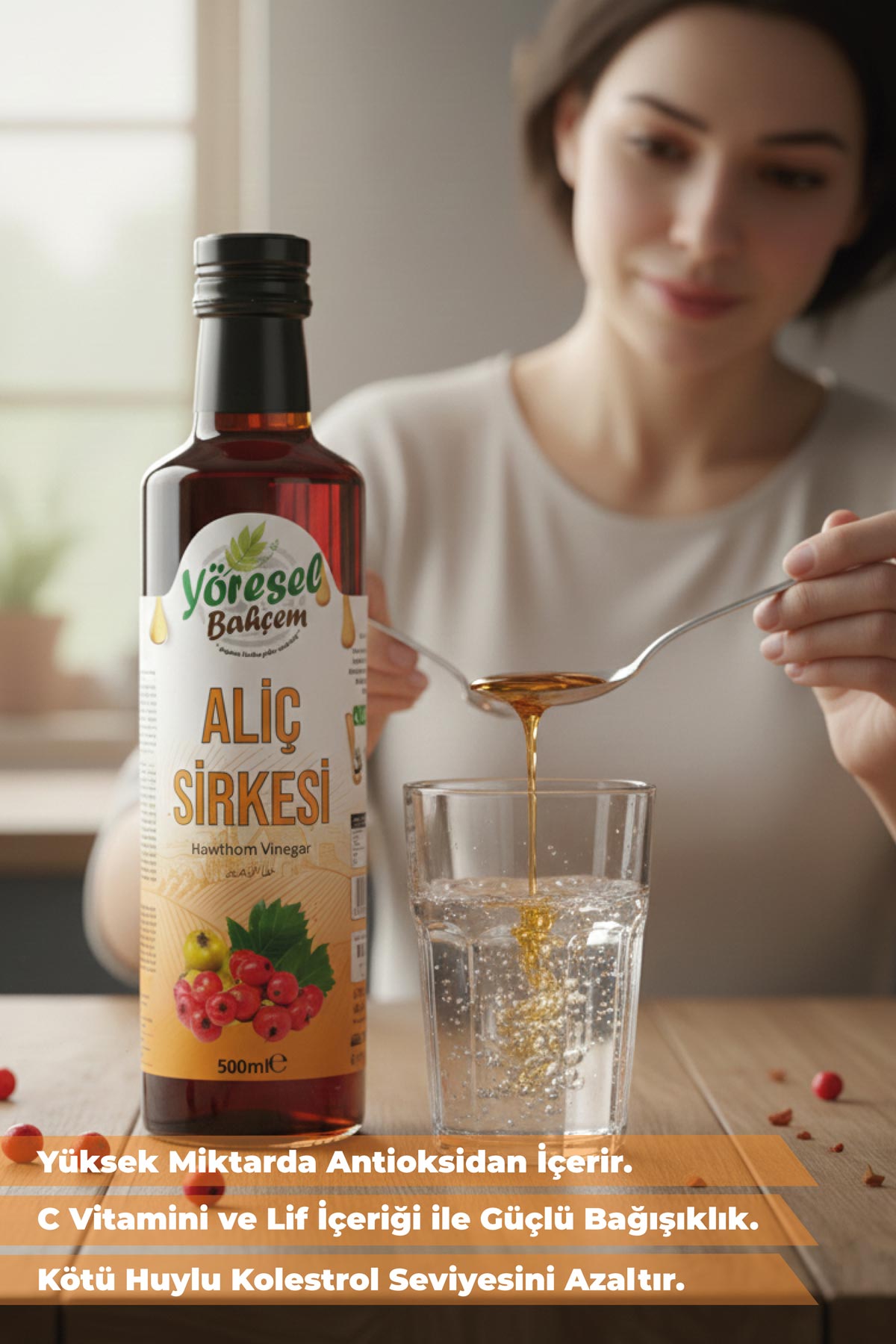 Yöresel Bahçem Alıç Sirkesi 500 ml – Doğal Fermente, Katkısız | 3 Alana 1 Hediye