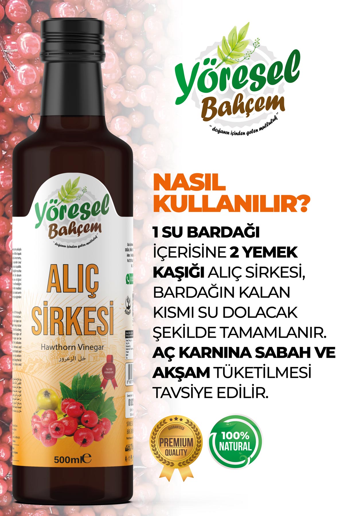 Yöresel Bahçem Alıç Sirkesi 500 ml – Doğal Fermente, Katkısız | 3 Alana 1 Hediye