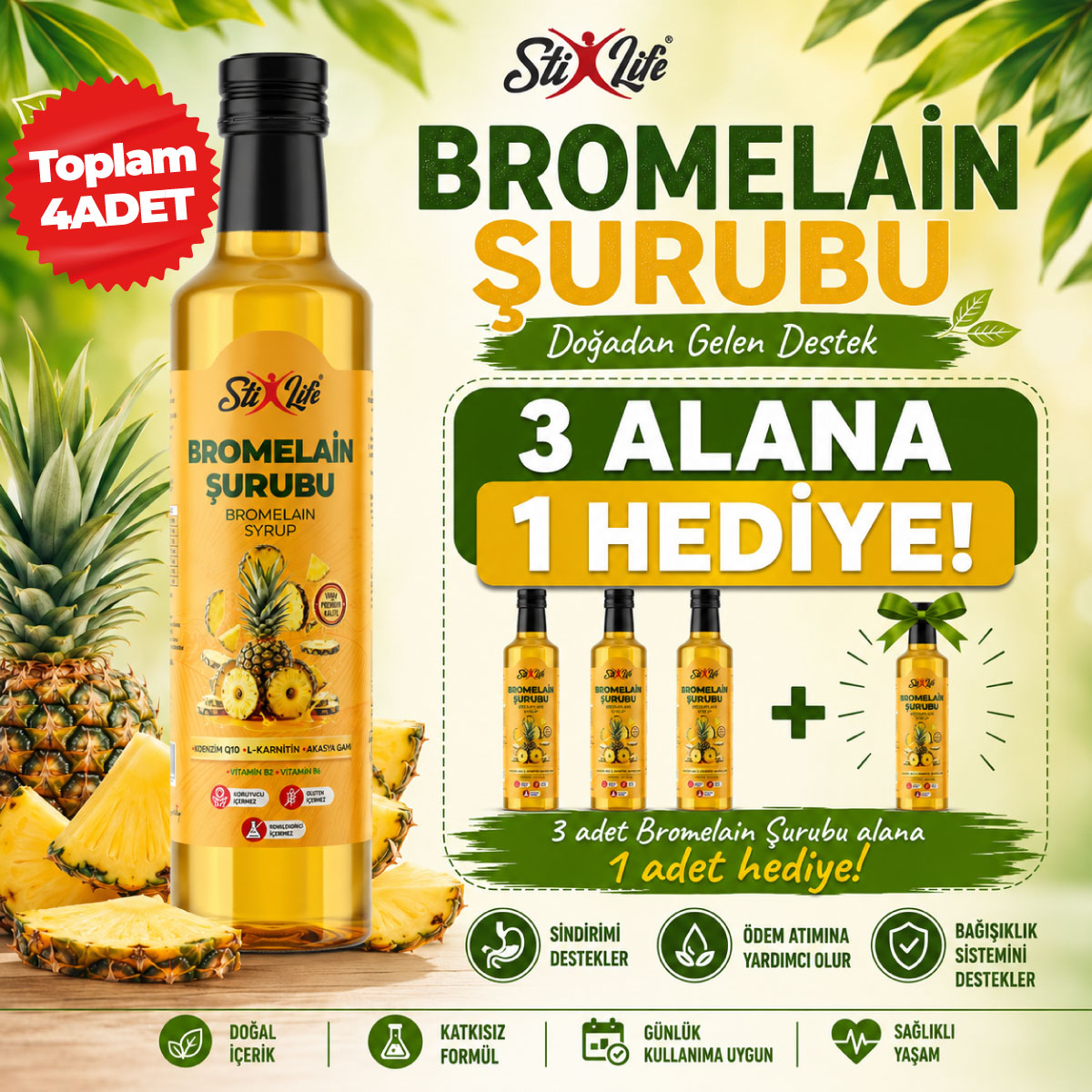 StixLife Bromelain Şurubu 250 ml – Sindirim & Ödem Desteği | 3 Alana 1 Hediye