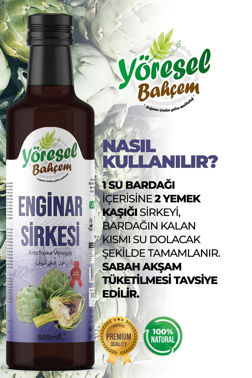 Yöresel Bahçem Enginar Sirkesi 500 ml – Doğal Fermente, Katkısız | 3 Alana 1 Hediye