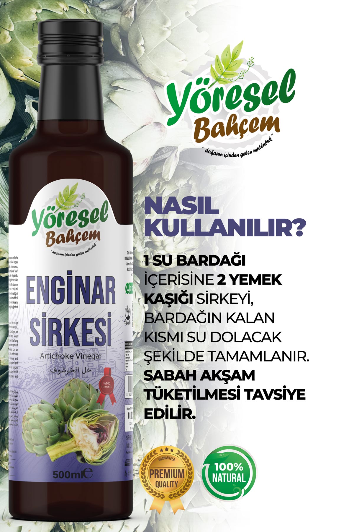 Yöresel Bahçem Enginar Sirkesi 500 ml – Doğal Fermente, Katkısız | 3 Alana 1 Hediye