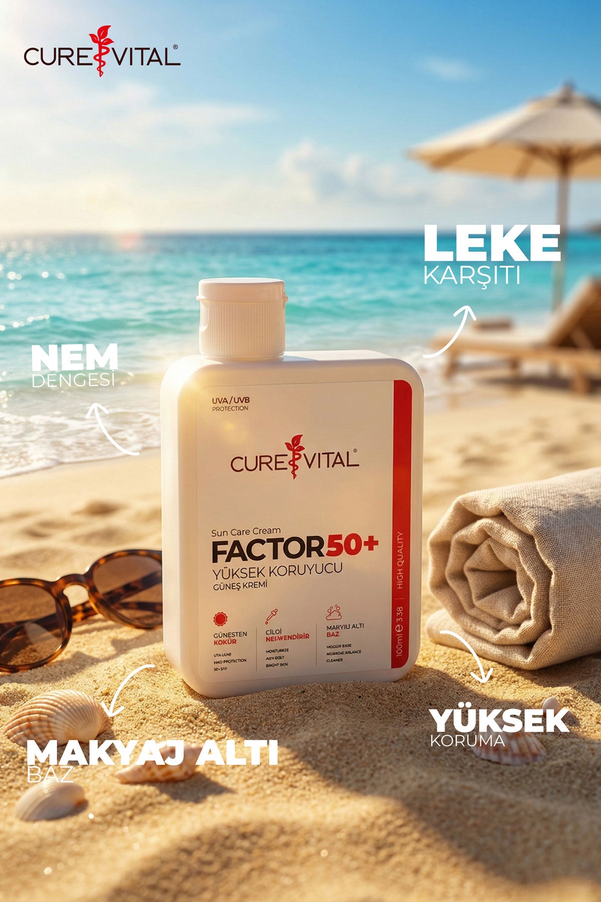 Curevital Factor 50+ SPF Güneş Kremi 100 ml – UVA/UVB Korumalı Yüksek Koruyucu Güneş Bakım Kremi