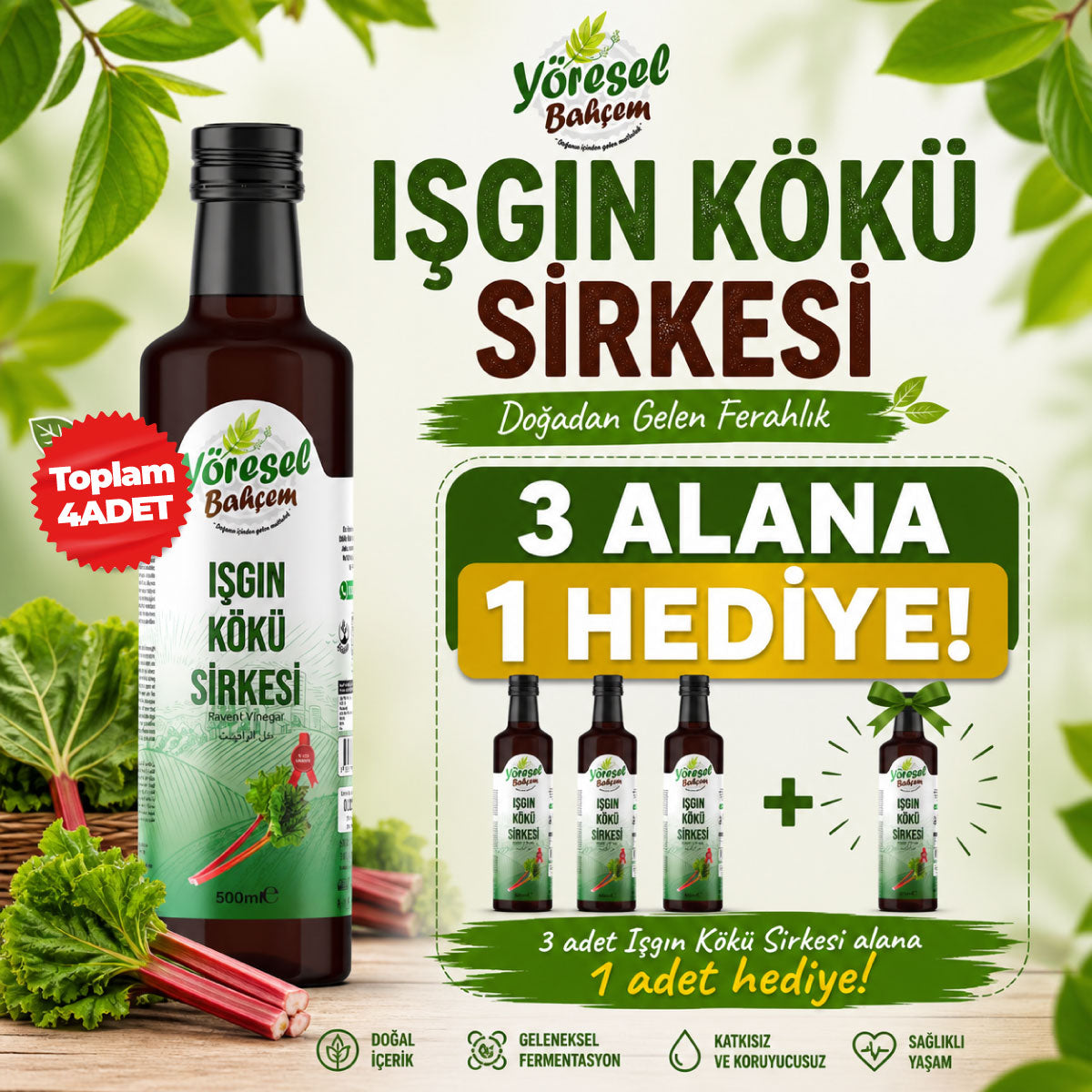 Yöresel Bahçem Işkın Kökü Sirkesi 500 ml – Doğal Fermente, Katkısız | 3 Alana 1 Hediye