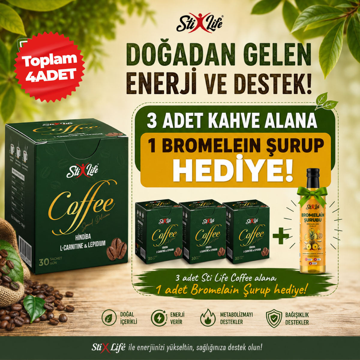 StixLife Coffee (Hindiba, L-Carnitine & Lepidium) 30 Saşe | Bromelain Şurup Hediye