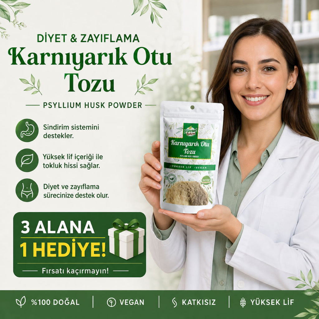 Yöresel Bahçem Karnıyarık Otu Tozu (Psyllium) – Yüksek Lif, Vegan | 3 Alana 1 Hediye