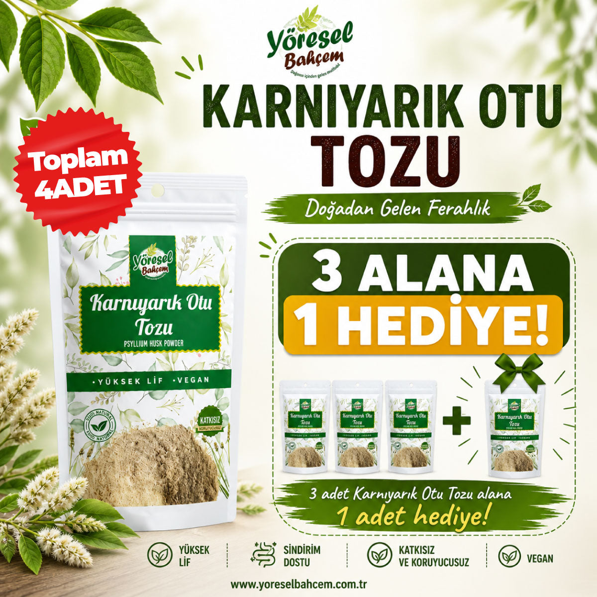 Yöresel Bahçem Karnıyarık Otu Tozu (Psyllium) – Yüksek Lif, Vegan | 3 Alana 1 Hediye