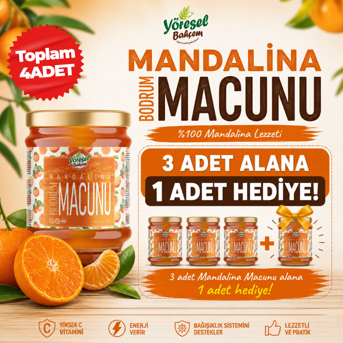 Yöresel Bahçem Mandalina Macunu 240 g – %100 Doğal, Yüksek C Vitamini | 3 Alana 1 Hediye