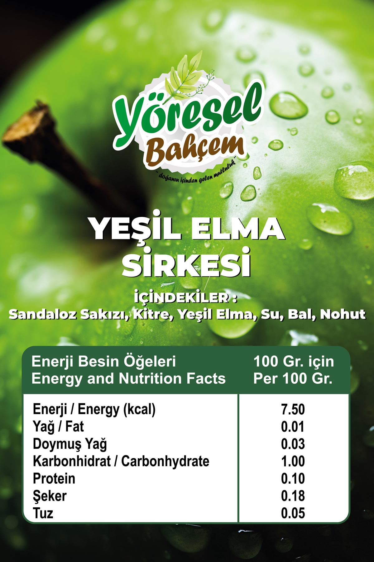 Sandalozlu Kitreli Yeşil Elma Sirkesi 500ml - Yöresel Bahçem