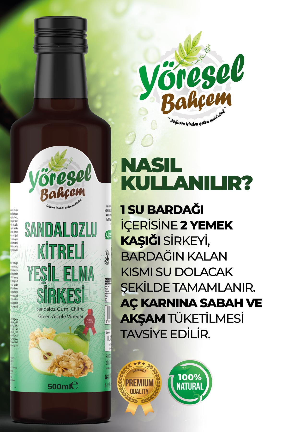 Sandalozlu Kitreli Yeşil Elma Sirkesi 500ml - Yöresel Bahçem
